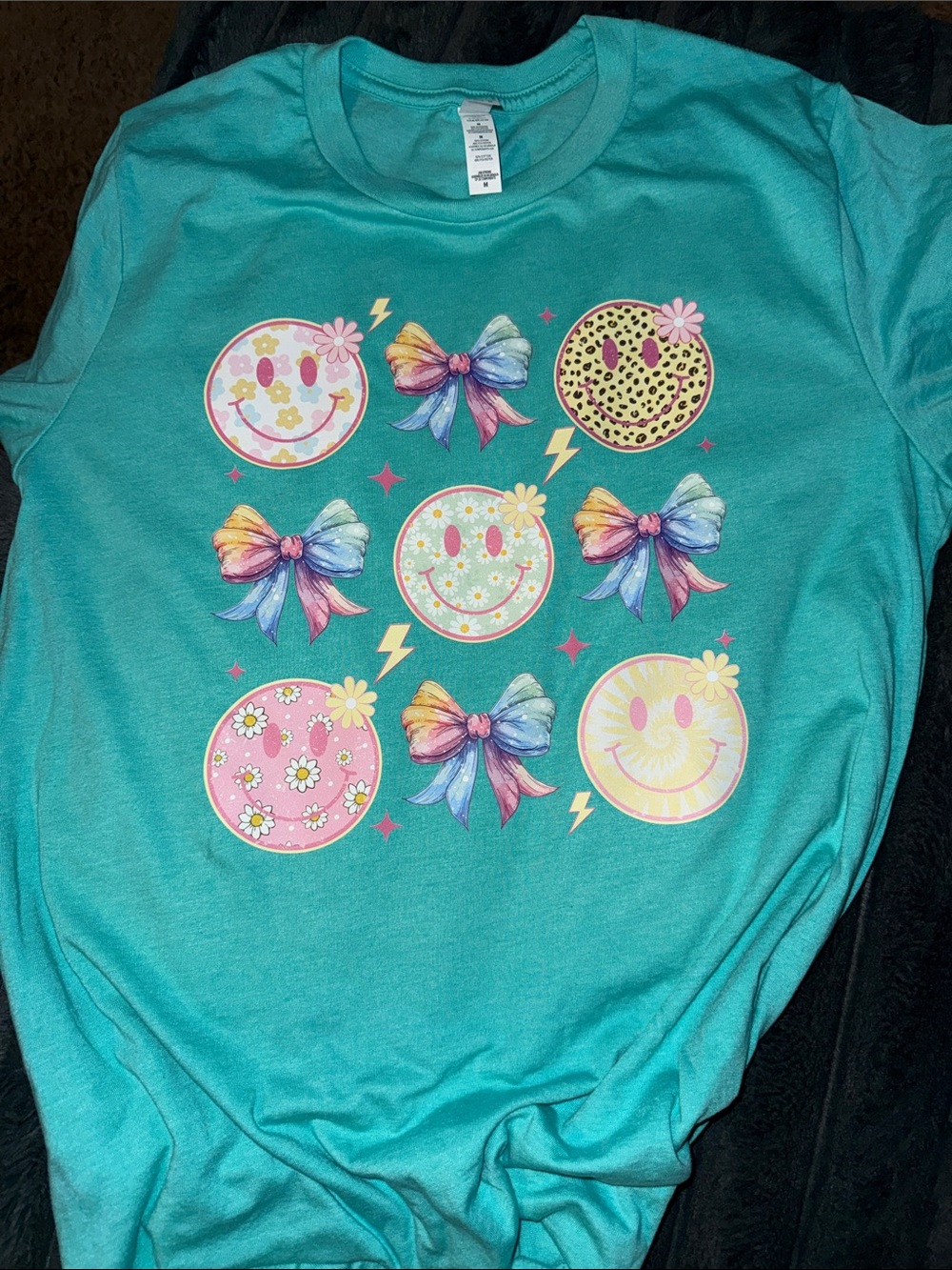 Girls' Teal Short-Sleeve Graphic Tee with Rainbow Bows bella canvas size medium